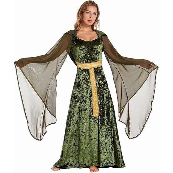Sinastar Green Velvet Hooded Medieval Fantasy Costume Dress with Gold Trim M - Picture 2 of 14